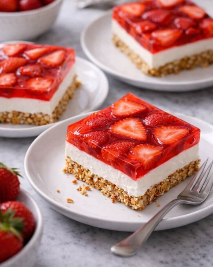 A square slice of strawberry pretzel dessert with a nutty crust, creamy white filling, and strawberry gelatin layer topped with fresh strawberry slices, served on a white plate with a fork. Other slices and strawberries are nearby.