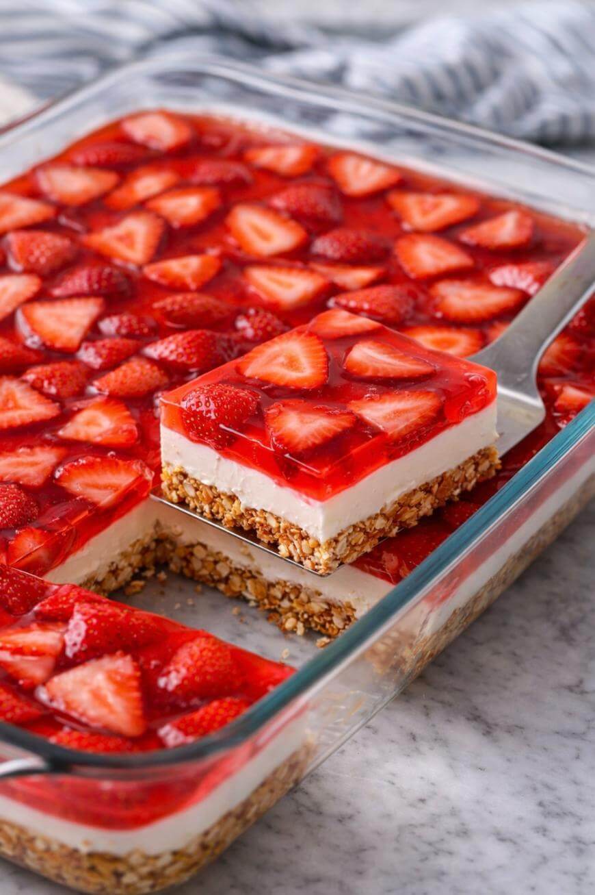 A glass dish of layered dessert with a pretzel crust, creamy middle layer, and top layer of strawberries in red gelatin. One square piece is being lifted from the dish with a spatula.