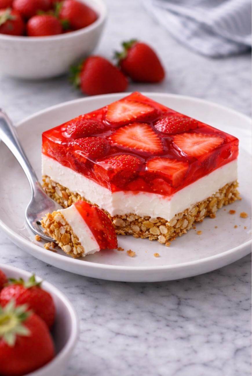 A dessert bar with a crumbly crust, creamy white middle layer, and a strawberry gelatin layer topped with sliced strawberries, served on a white plate with a fork and fresh strawberries in the background.