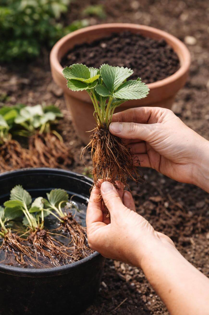 A person holds a strawberry plant with exposed roots above a pot, preparing to plant it in soil. Other strawberry plants soak in water nearby, and a clay pot filled with soil is in the background.