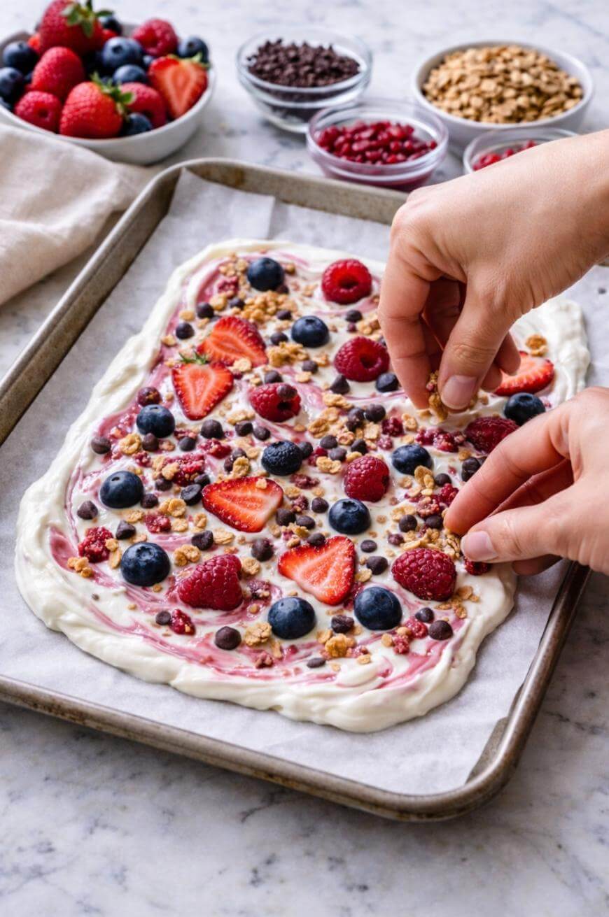 Hands sprinkle granola onto a yogurt bark topped with strawberries, blueberries, and raspberries on a baking tray, with bowls of fruit and ingredients in the background.