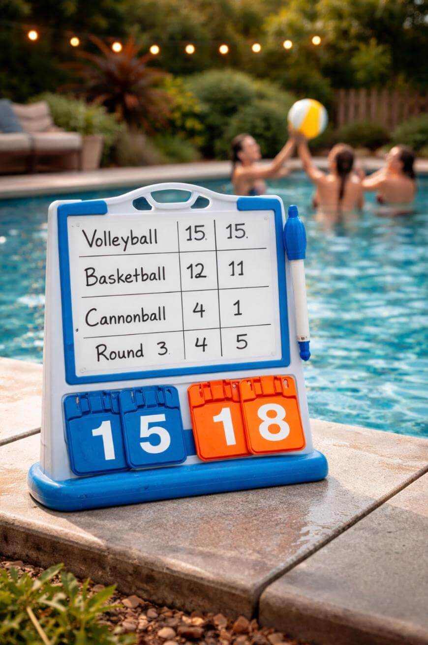 A scoreboard by a pool shows scores for volleyball, basketball, cannonball, and round 3. In the background, people play with a beach ball in the pool; string lights and greenery surround the area.