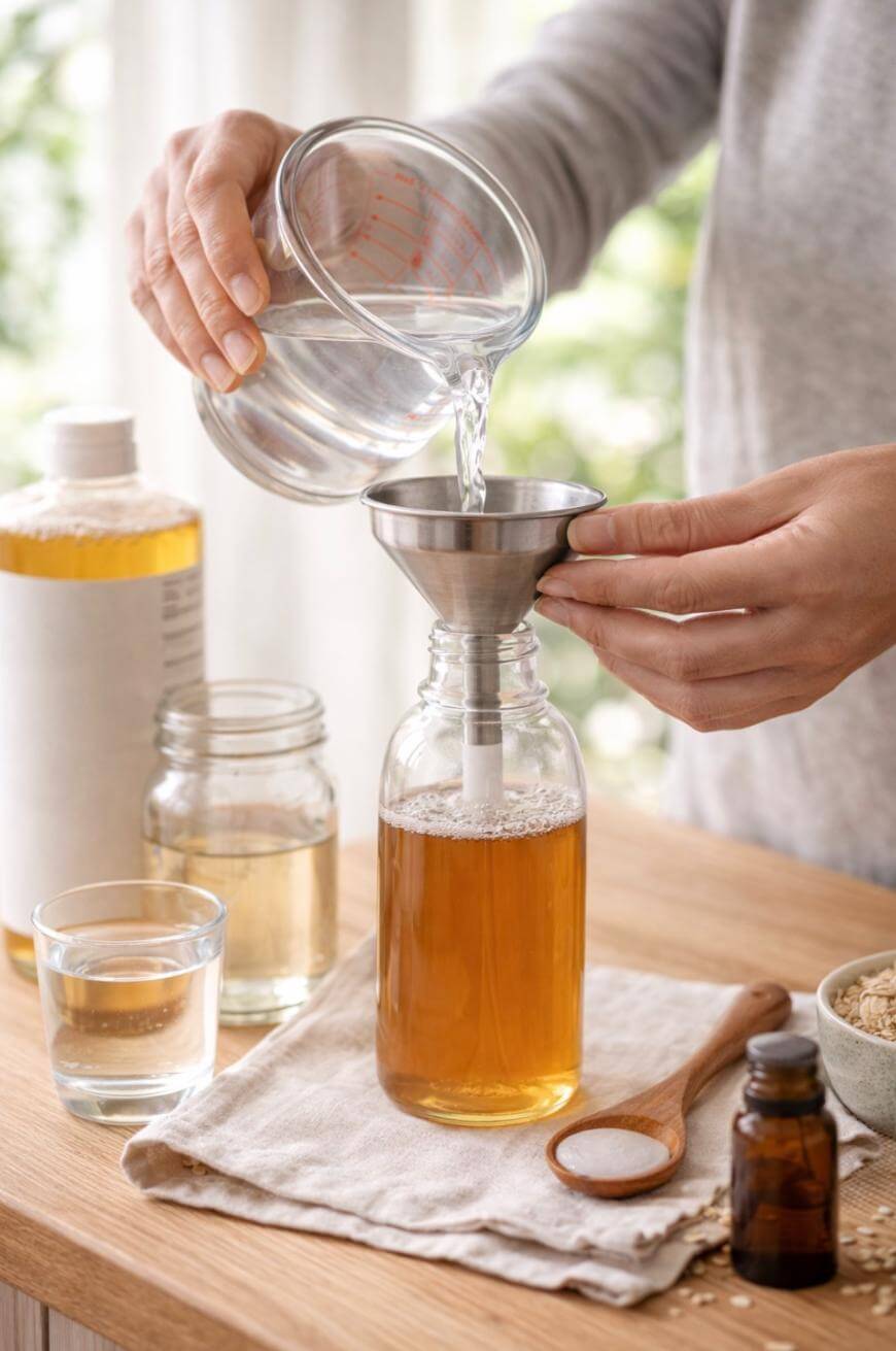 A person pours clear liquid through a metal funnel into a glass bottle filled with a brownish liquid. Other jars, a wooden spoon with salt, a small bottle, and oats are on a wooden table beside them.