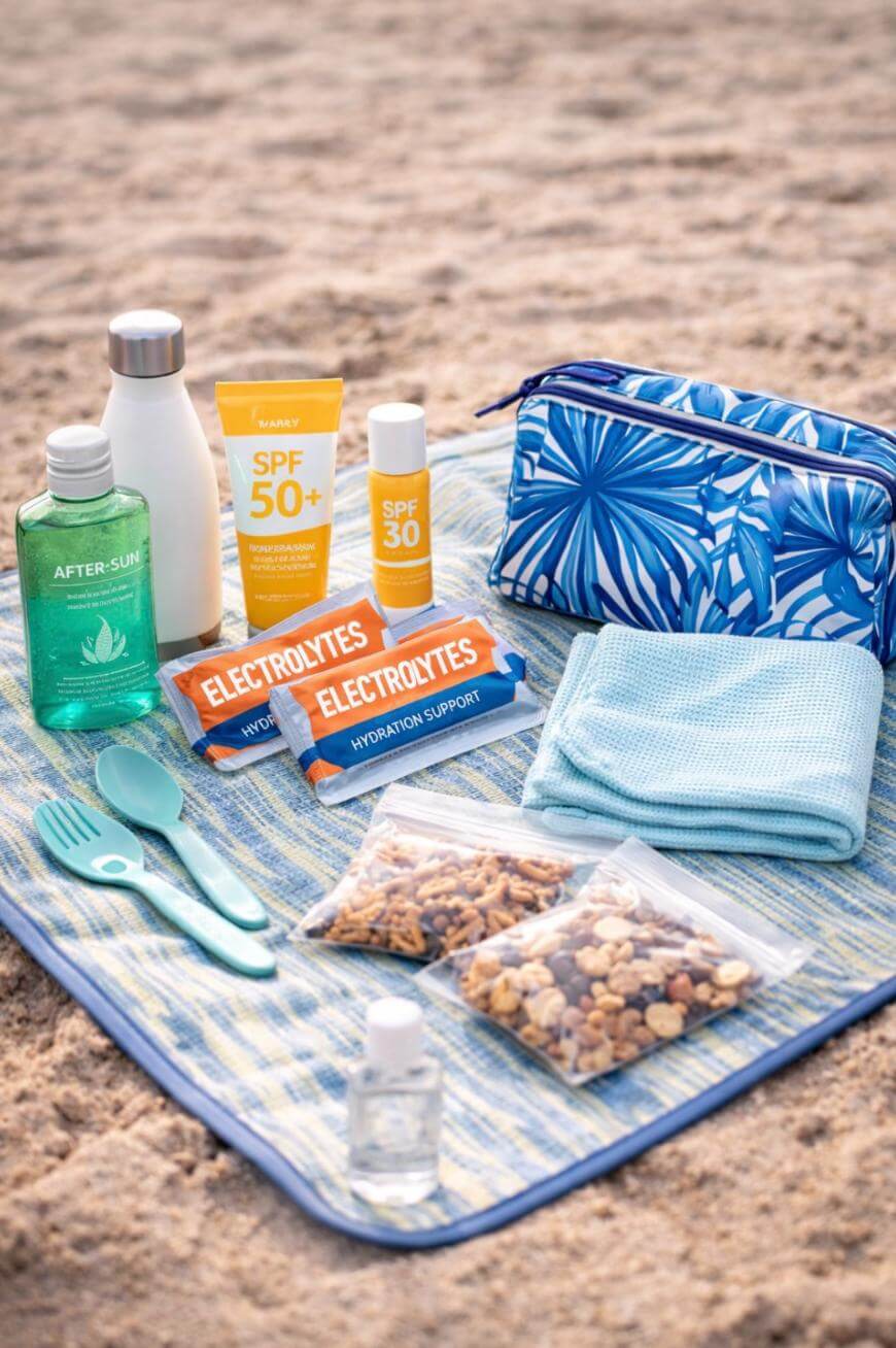 A striped beach mat on sand holds sunscreen, after-sun gel, water bottles, electrolyte packets, trail mix bags, a blue pouch, a small towel, hand sanitizer, and plastic utensils, ready for a day at the beach.