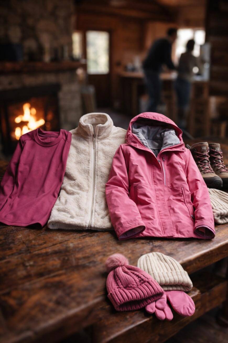 Three layered winter jackets in shades of pink and cream, matching hats and mittens, and a pair of hiking boots are laid out on a wooden table in a cozy cabin with a fireplace and blurred people in the background.