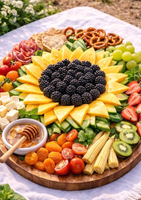 A round wooden platter displays a sunflower design made from blackberries and mango slices, surrounded by assorted fruits, cheese cubes, pretzels, crackers, salami, and a bowl of honey, set on a white cloth.