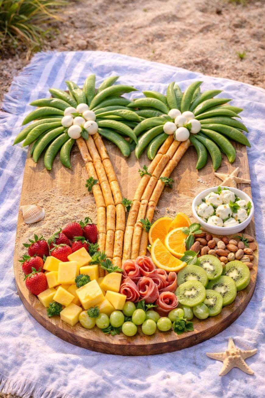 A wooden platter arranged to look like palm trees using breadsticks as trunks, snap peas and mozzarella as leaves and coconuts, surrounded by strawberries, cheese, kiwi, orange slices, grapes, nuts, and a small dip bowl.