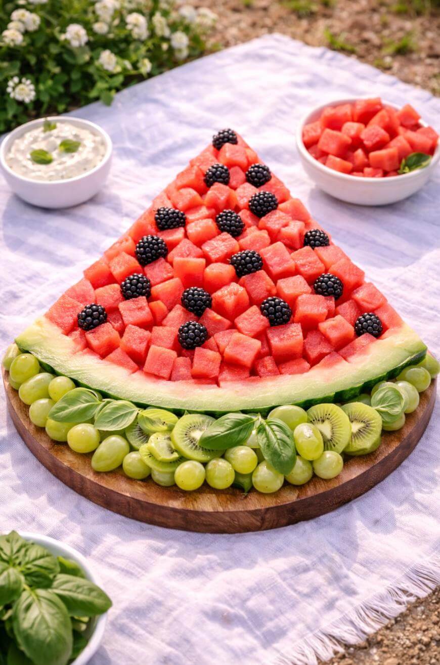 A large watermelon slice topped with watermelon cubes and blackberries, decorated with green grapes, kiwi slices, and fresh basil on a round wooden board, set on a white picnic cloth.