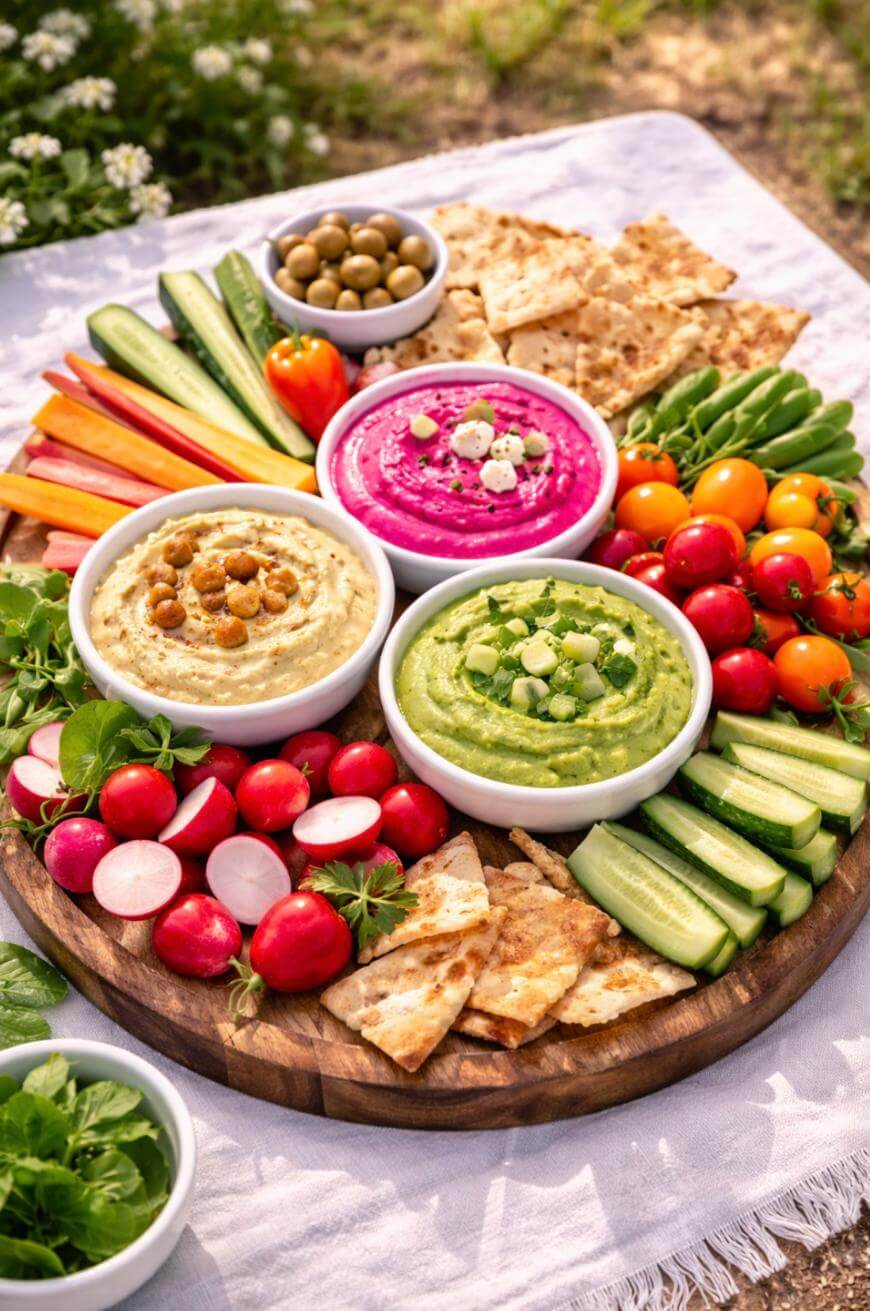A round wooden platter with three bowls of colorful dips—hummus, beet dip, and avocado dip—surrounded by pita bread, cherry tomatoes, radishes, cucumber sticks, carrot sticks, olives, and snap peas.