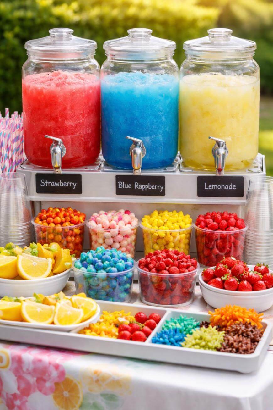 Three large drink dispensers labeled Strawberry, Blue Raspberry, and Lemonade sit above cups and colorful candies, with sliced lemons, strawberries, and bowls of assorted candies arranged on a bright outdoor table.