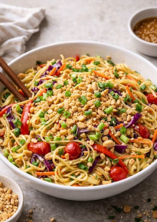 A bowl of colorful noodle salad with chopped peanuts, red bell peppers, shredded carrots, and purple cabbage, with chopsticks resting inside and small bowls of sauce and peanuts on the side.