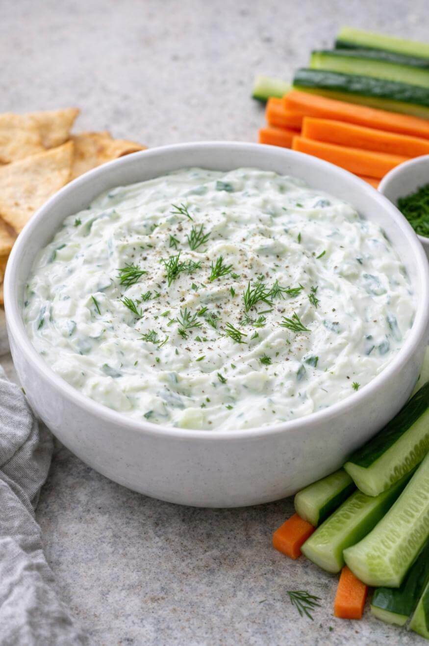 A bowl of creamy tzatziki dip garnished with fresh dill and ground pepper, surrounded by sliced cucumber, carrot sticks, pita chips, and more fresh herbs on a light surface.