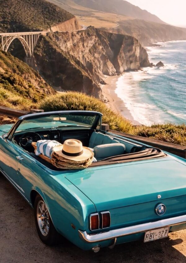 A turquoise convertible car parked on a coastal cliffside road, with a person relaxing inside wearing a sunhat. In the background are rugged cliffs, a bridge, and the ocean waves below.