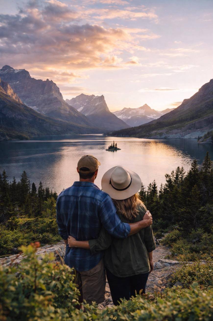 A couple stands arm in arm on a hillside, overlooking a tranquil lake surrounded by pine trees and mountains at sunset, with a small island in the center of the lake.