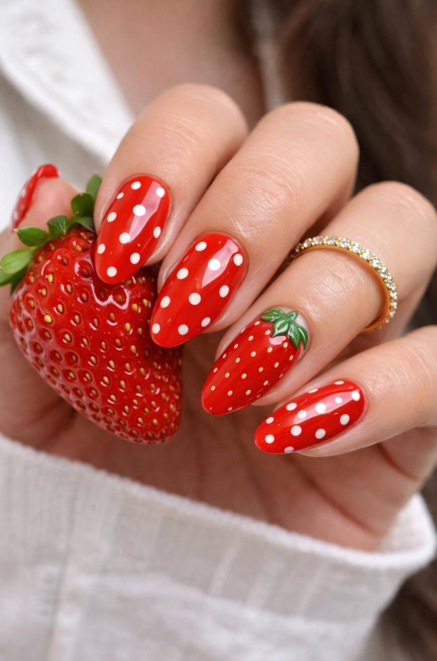 A hand with long, almond-shaped nails painted red with white polka dots and a green accent, resembling strawberries, holds a fresh strawberry. The person wears a gold ring and a white sleeve is visible.