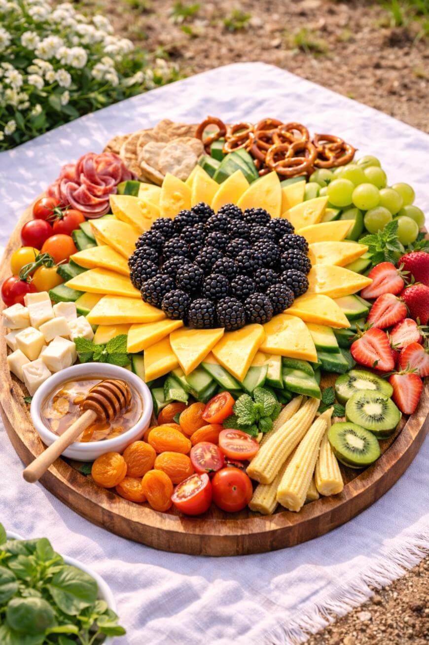 A round wooden platter with blackberries arranged in the center, yellow mango slices radiating out like petals, surrounded by various fruits, cheeses, crackers, pretzels, and a bowl of honey, set outdoors on a white cloth.