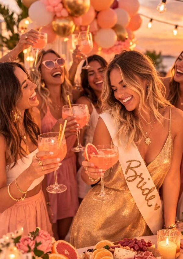 A group of women celebrate at a party, holding pink drinks and smiling. One woman wears a Bride sash and a gold dress. The scene is decorated with balloons and flowers, creating a festive atmosphere.