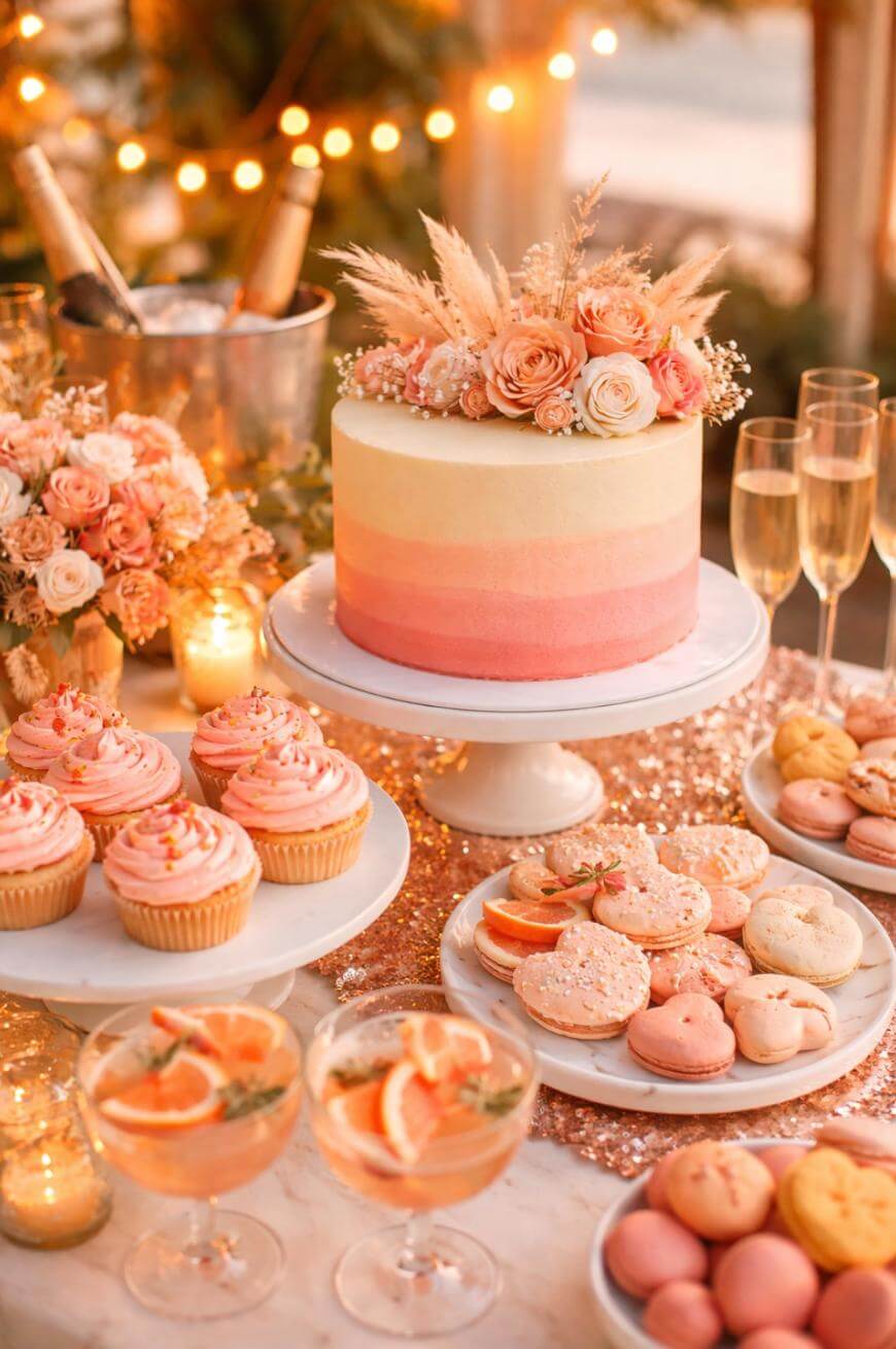 A pink ombre cake topped with flowers is displayed on a stand, surrounded by pink cupcakes, assorted macarons, flowers, cocktails with fruit slices, and champagne glasses on a sparkling table at a festive event.