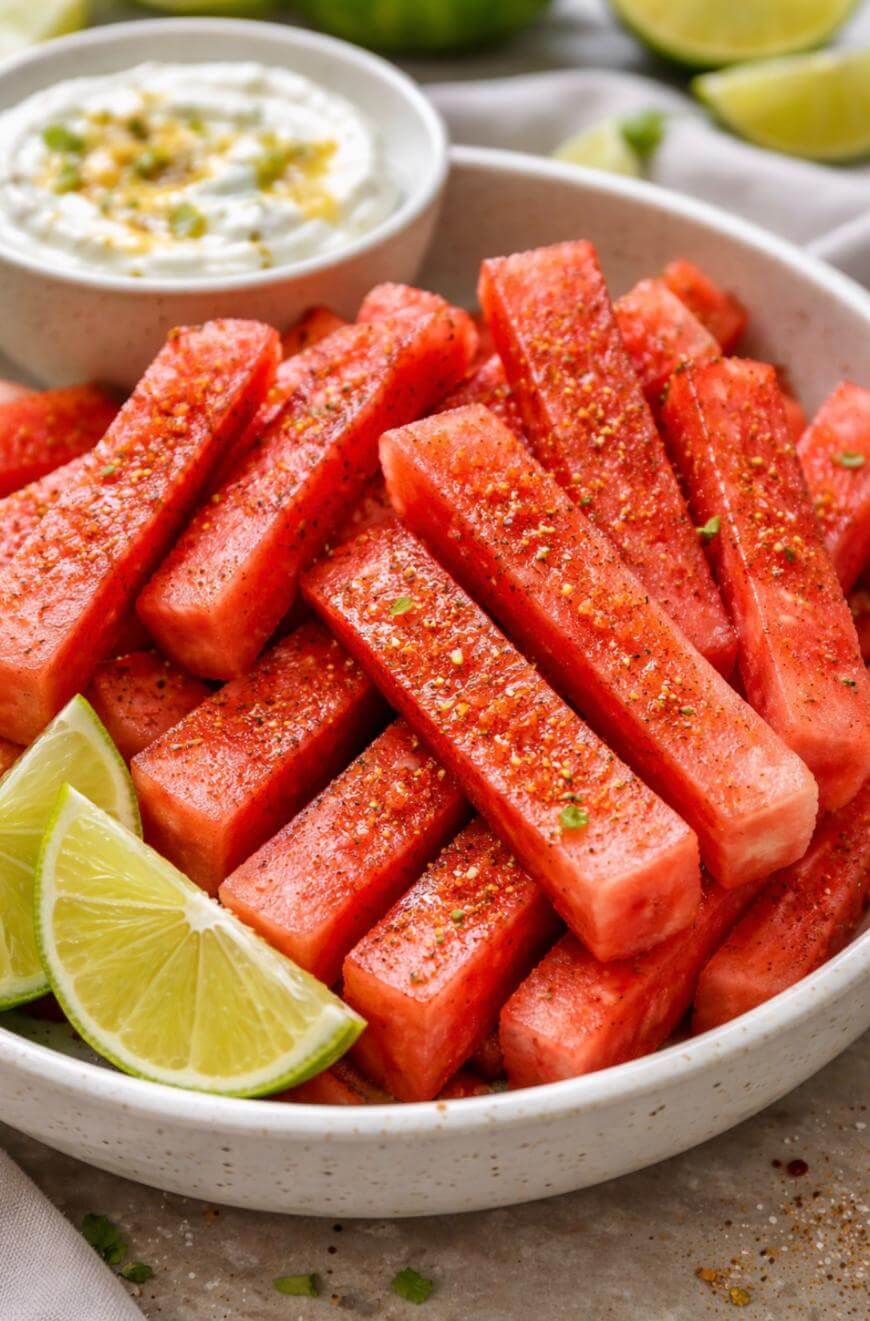 A bowl of watermelon sticks sprinkled with chili powder, garnished with lime wedges, and served with a side of dip in a white bowl.
