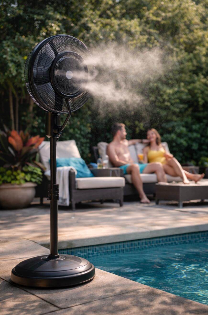 A black misting fan sprays water by a pool, with a man and woman relaxing on lounge chairs in the background, surrounded by greenery.
