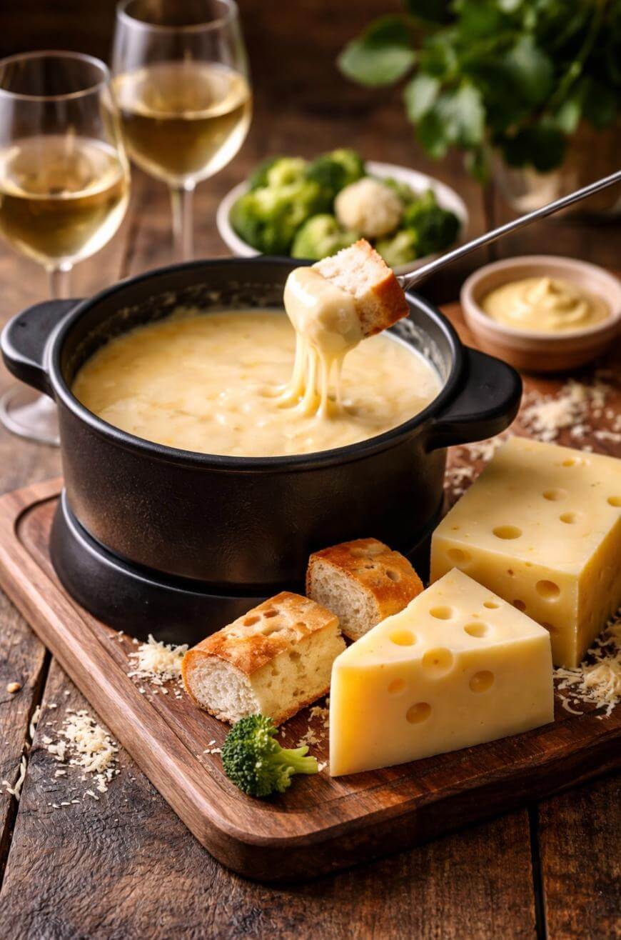 A pot of cheese fondue with a bread cube being dipped, surrounded by Swiss cheese, bread pieces, broccoli, and glasses of white wine on a rustic wooden table.