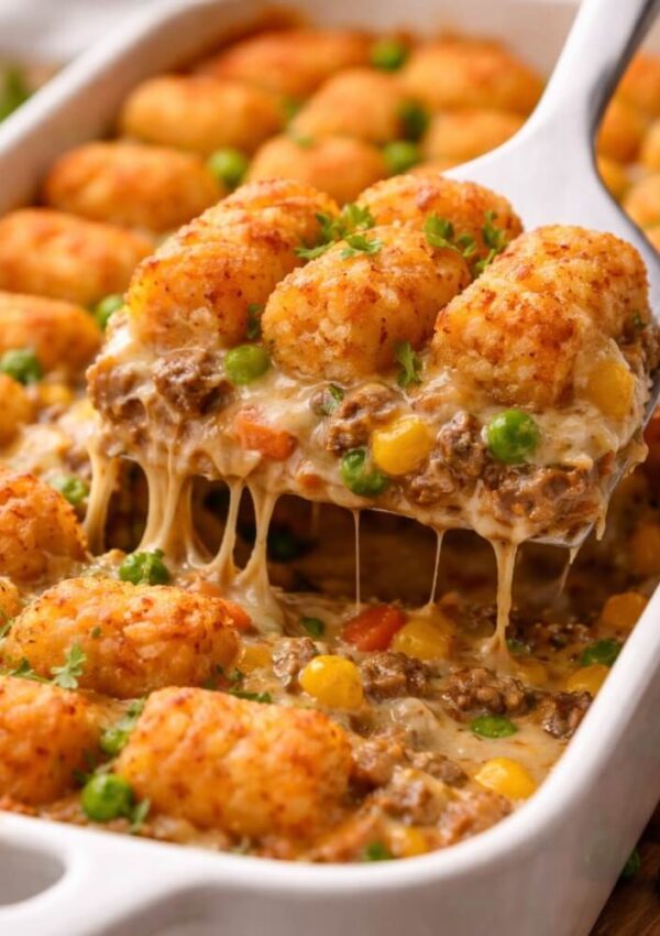 A close-up of a serving of tater tot casserole being lifted from a baking dish, showing melted cheese, ground beef, peas, corn, carrots, and golden tater tots on top.