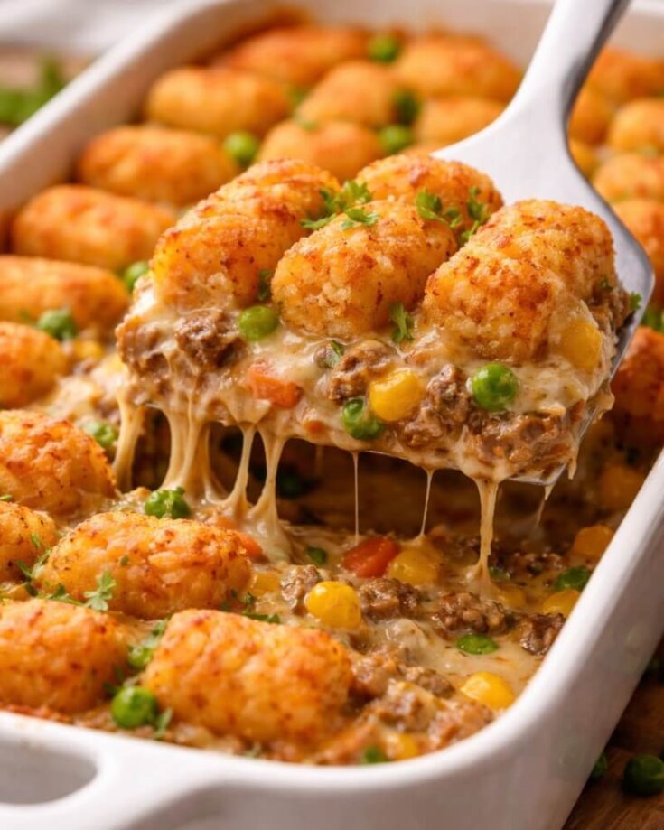 A close-up of a serving of tater tot casserole being lifted from a baking dish, showing melted cheese, ground beef, peas, corn, carrots, and golden tater tots on top.