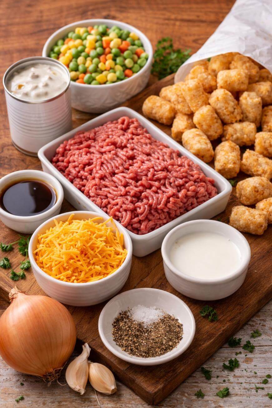 A wooden board displays ground beef, tater tots, shredded cheddar cheese, mixed vegetables, canned soup, soy sauce, milk, an onion, garlic cloves, and dishes of salt and pepper.
