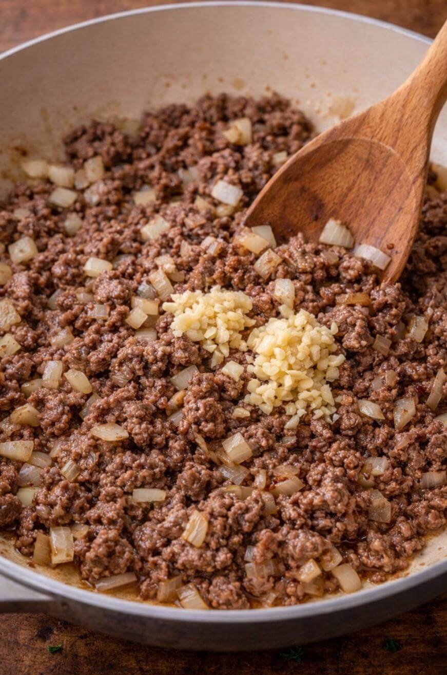 Ground beef cooking in a skillet with diced onions, with a pile of minced garlic added on top and a wooden spoon stirring the mixture.