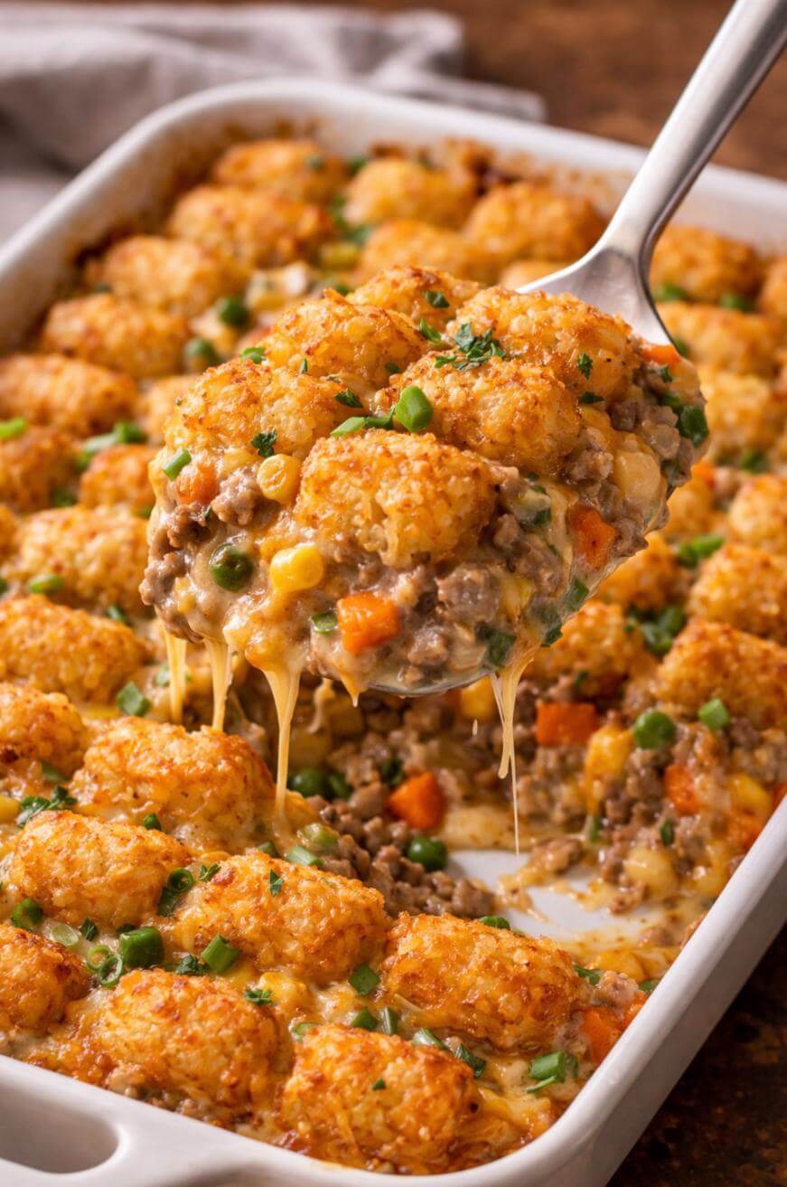 A serving spoon lifts a cheesy casserole from a baking dish filled with golden tater tots, ground beef, corn, peas, and carrots, garnished with chopped herbs.