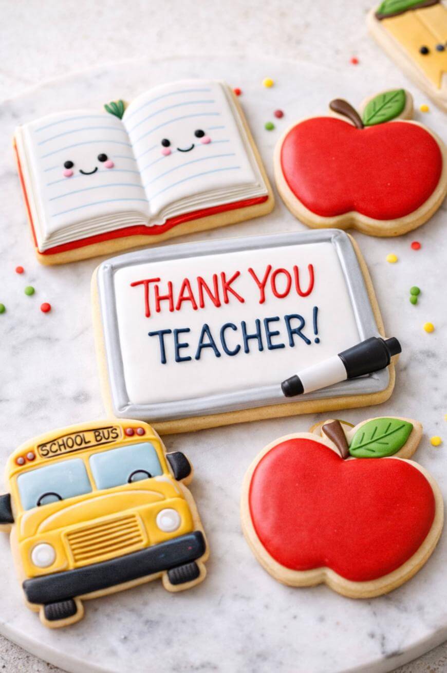 Decorated cookies shaped like a school bus, apples, an open book with a smiley face, and a whiteboard that says Thank You Teacher! with a small marker on the whiteboard.