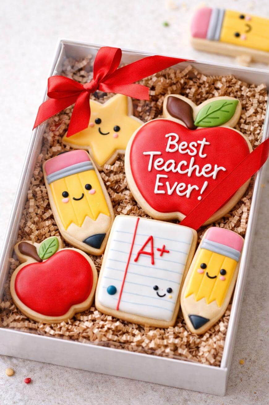 A gift box with decorated cookies shaped like pencils, apples, a star, and a sheet of paper with an A+. One cookie reads Best Teacher Ever! All cookies have cute faces and are arranged on brown shredded paper.