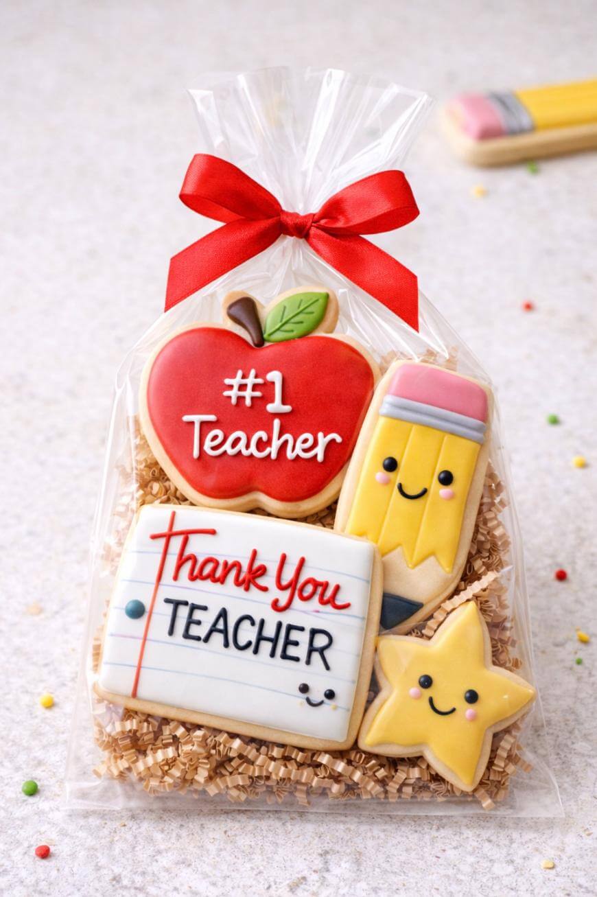 A gift bag with decorated cookies shaped like an apple reading #1 Teacher, a pencil, a yellow star, and a notebook that says Thank You Teacher, tied with a red ribbon.