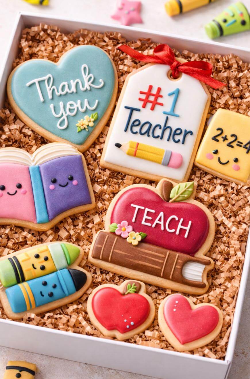 A gift box of decorated cookies shaped like a heart with “Thank you,” a #1 Teacher plaque, a book, an apple with “Teach,” two apples, a pencil, a crayon, and a smiling math square, all with colorful designs.