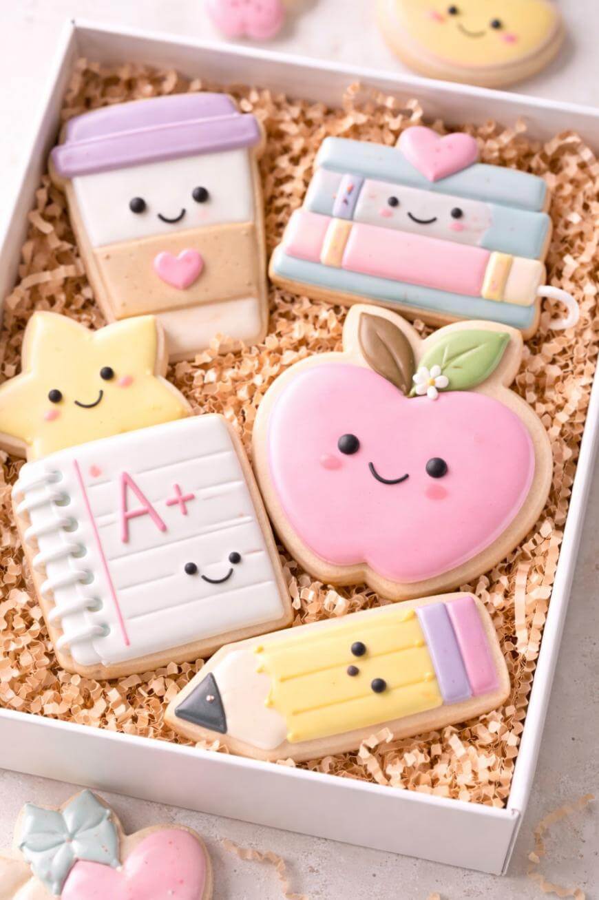 A box of decorated cookies shaped like a coffee cup, stack of books, star, apple, notepad with an “A+”, and a pencil, all with smiling faces, arranged on shredded paper.