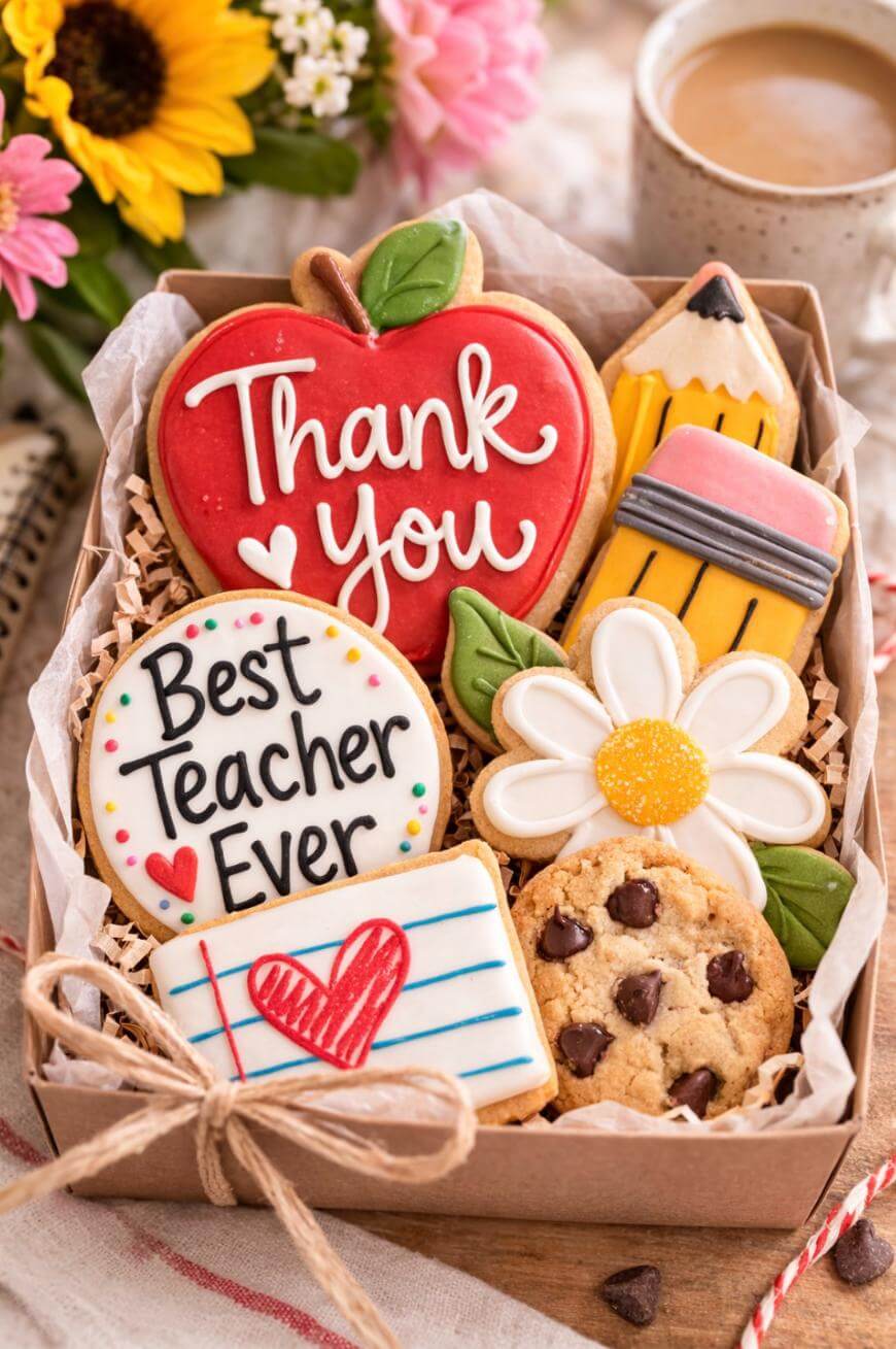 A gift box filled with decorated cookies, including a red apple with “Thank You,” a pencil, a daisy, a cookie, a notepad with a heart, and a round cookie reading “Best Teacher Ever,” beside a cup of coffee and flowers.