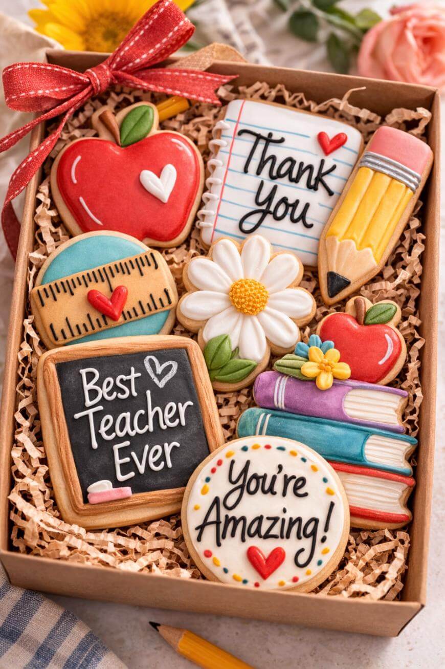 A gift box filled with colorful decorated cookies shaped like a red apple, pencil, ruler, books, flowers, a blackboard with Best Teacher Ever, a notepad saying Thank you, and a round cookie reading Youre Amazing!.