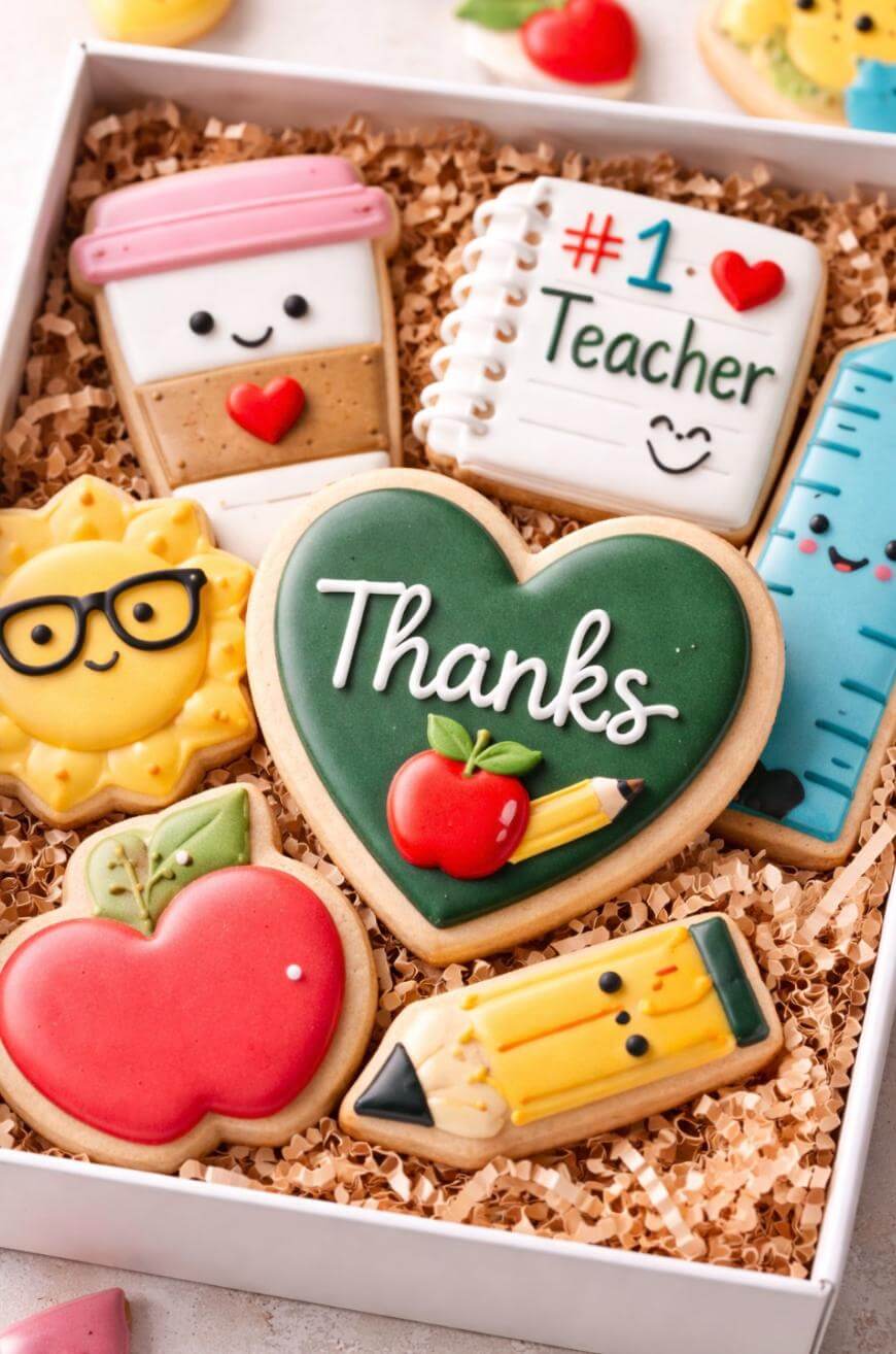 A gift box filled with decorated cookies, including a heart with Thanks, a notepad with #1 Teacher, a pencil, an apple, a smiling sun with glasses, a coffee cup, and a blue ruler, all with cheerful faces.