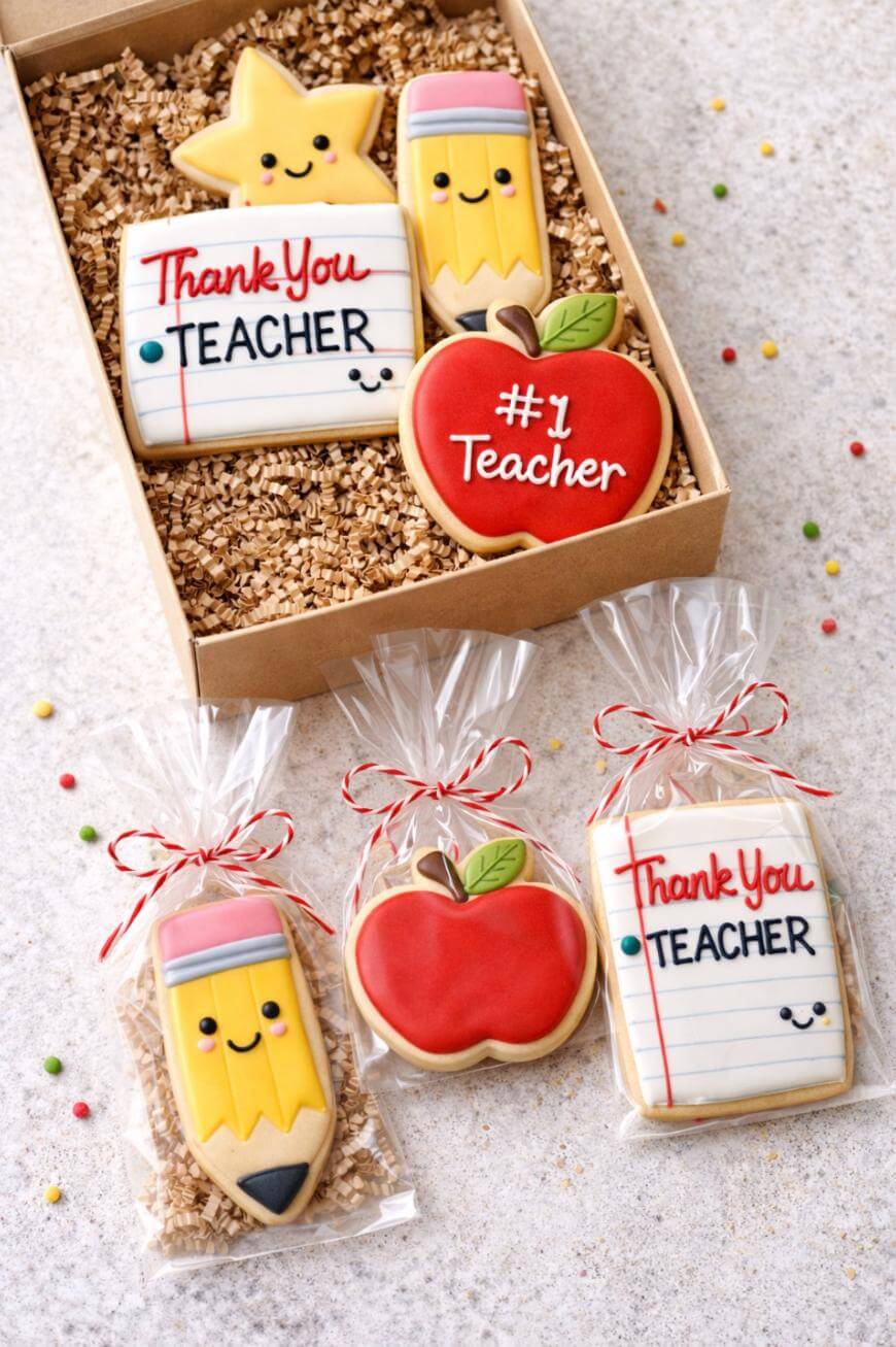A gift box with decorated cookies shaped like a star, pencil, apple, and notepad with messages such as “Thank You Teacher” and “#1 Teacher.” More individually wrapped cookies are displayed outside the box.