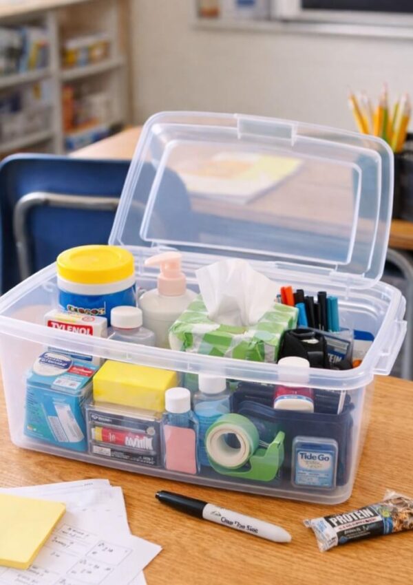 A clear plastic supply box sits on a classroom desk, filled with tissues, wipes, sanitizer, tape, markers, glue sticks, and other school supplies. Classroom chairs, desks, and shelves are visible in the background.