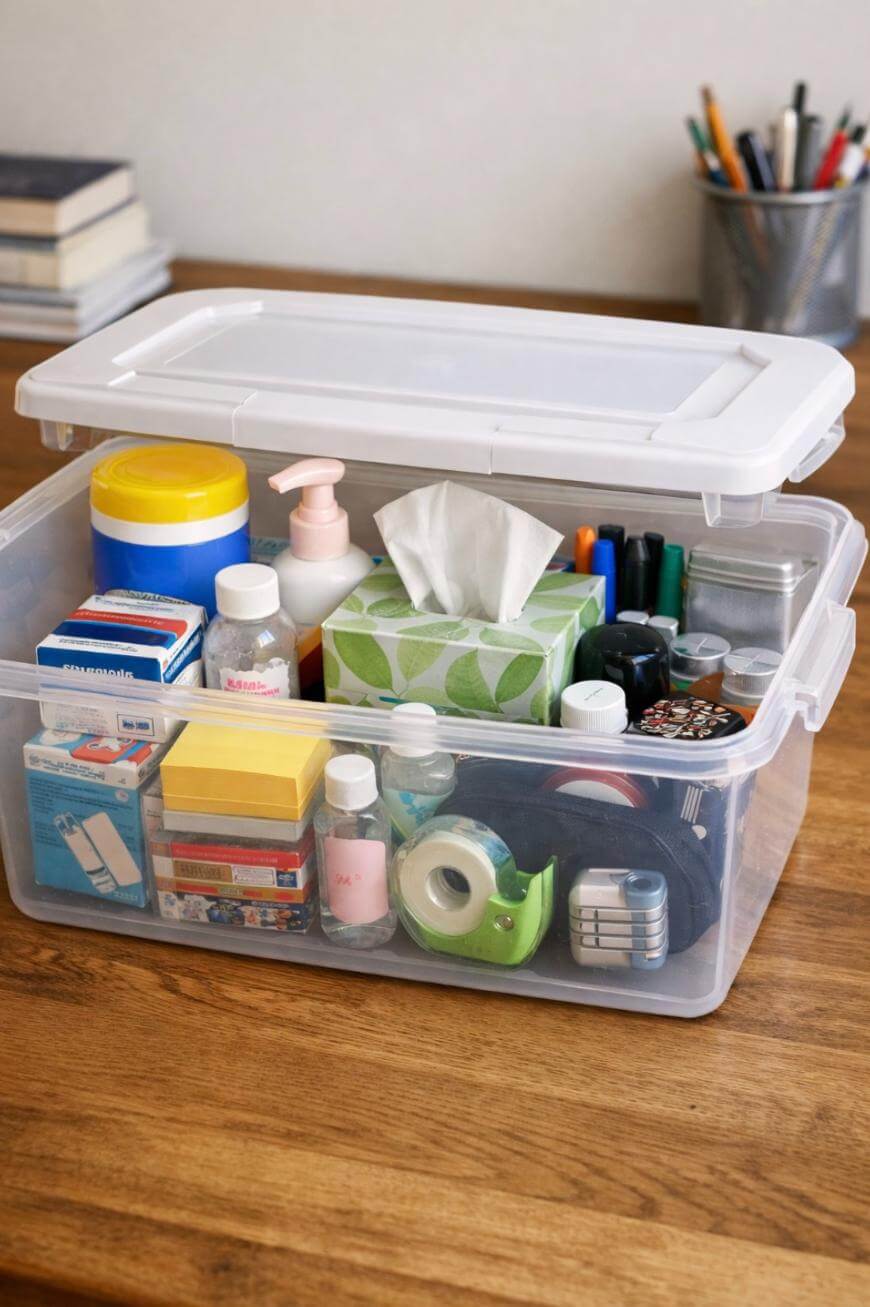 A clear plastic storage box filled with various office and household items such as tissues, tape, sanitizer, medicines, pens, sticky notes, and other supplies, sits on a wooden desk with a few books and a pen holder in the background.