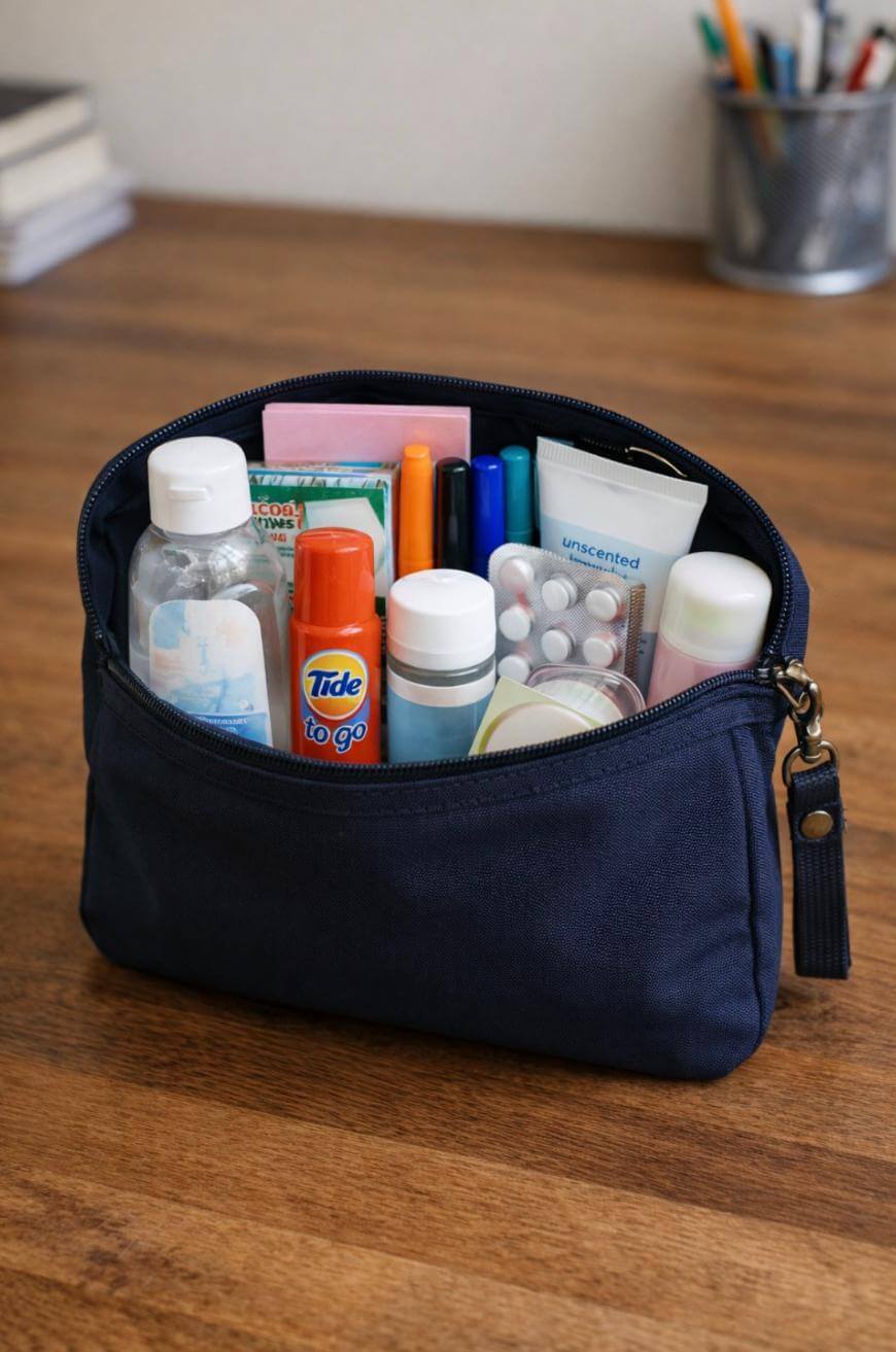 A navy zippered pouch filled with various toiletries and travel-sized hygiene products sits on a wooden desk, with notebooks and a cup of pens in the background.