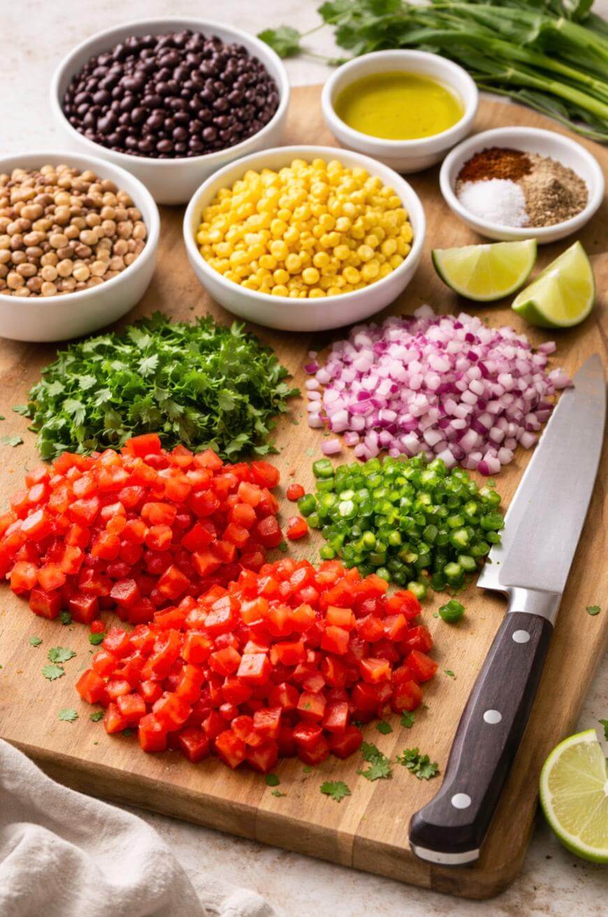 Colorful chopped and diced vegetables, fresh herbs, black beans, chickpeas, corn, spices, lime wedges, and a knife are arranged neatly on a wooden cutting board for meal preparation.