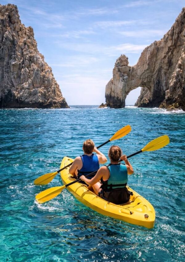 Two people paddle a yellow kayak on clear blue water toward a large rock arch surrounded by cliffs under a sunny sky.