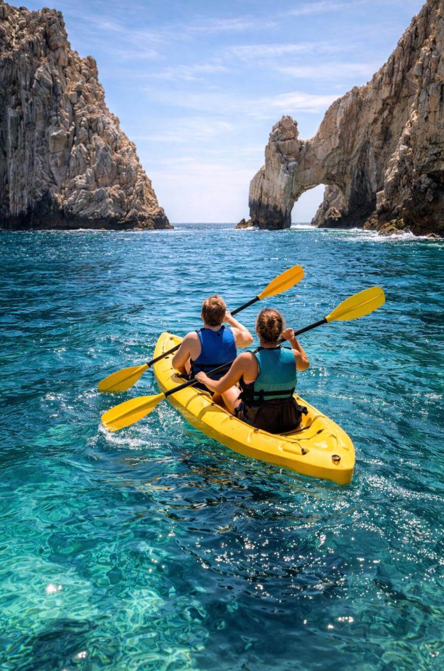 Two people in a yellow kayak paddle through clear blue water toward a rocky arch formation, with bright sunlight and a blue sky overhead.