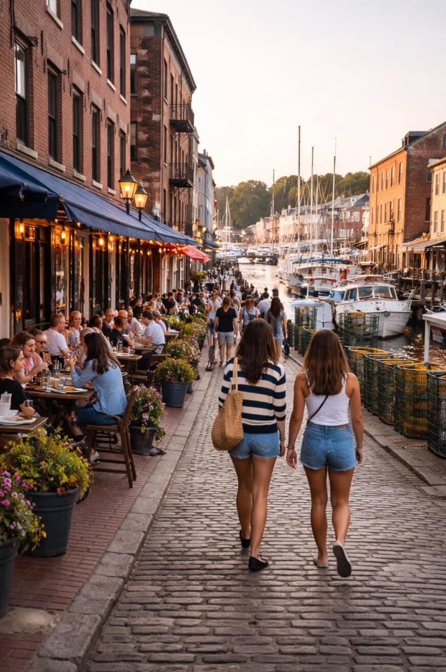 Two women walk down a cobblestone street lined with outdoor restaurants and vibrant flowers, near a marina filled with boats and people dining, enjoying a pleasant evening.