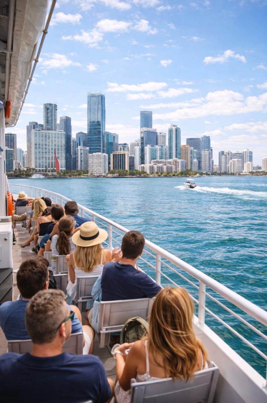 People sit on a boat tour, looking at the city skyline with tall modern buildings across blue water under a partly cloudy sky. A small boat moves in the distance.