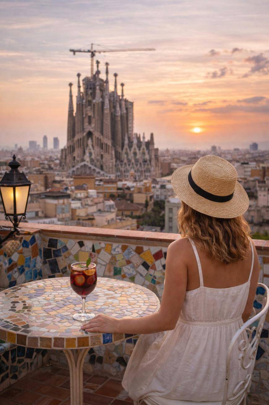 A woman in a white dress and straw hat sits at a mosaic-tiled table with a drink, overlooking Barcelona’s cityscape and the Sagrada Família at sunset.