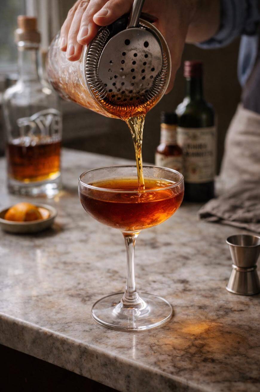 A hand pours a brown cocktail from a shaker through a strainer into a coupe glass on a marble counter, surrounded by bottles, a jigger, and a bowl with an orange peel.