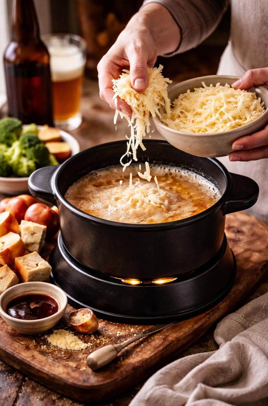 A person sprinkles shredded cheese into a bubbling pot of fondue on a wooden table, surrounded by broccoli, bread cubes, apple slices, and dipping sauces. A beer and a bowl of shredded cheese are also nearby.